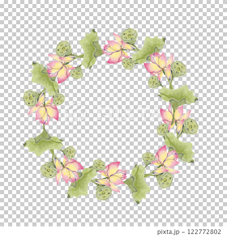 Floral Wreath with Pink Lotus Flowers, Watercolor Illustration for Printing on Cards, Flyers, Leaflets, Posters, Fabric, Textiles and Social Media Post Design Floral Wreath with Pink Lotus Flowers, Watercolor Illustration for Printing on Cards, Flyers, Leaflets, Posters, Fabric, Textiles and Social Media Post Design 122772802