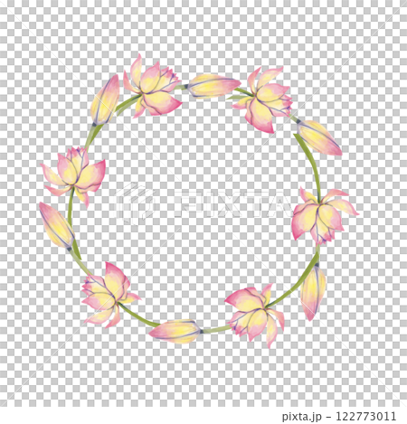 Floral Wreath Illustration with Pink Lotus Flowers, Watercolor Illustration for Printing on Cards, Flyers, Leaflets, Posters, Fabric, Textiles and Social Media Post Design 122773011