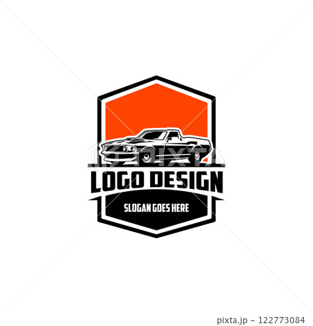 1968 Ford Mustang car logo design. Isolated white background side view for logo, badge, emblem. 122773084