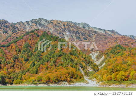 秋の立山黒部アルペンルート　紅葉の黒部ダム（黒部湖） 122773112