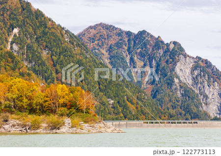 秋の立山黒部アルペンルート　紅葉の黒部ダム（黒部湖） 122773113