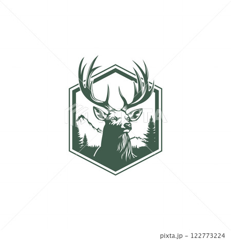 Adventure of Mountain Deer in Hexagon Logo Template 122773224
