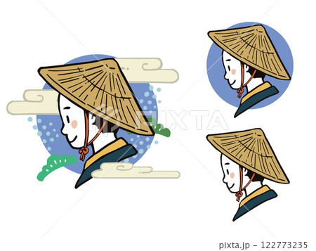 笠を被った江戸時代の男性の横顔　イラストセット 122773235