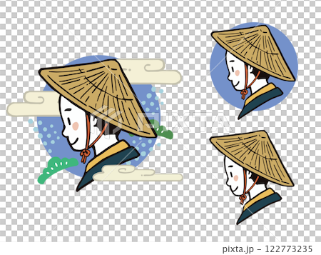 笠を被った江戸時代の男性の横顔　イラストセット 122773235