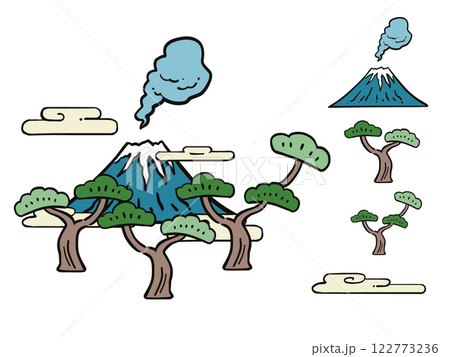 和風　富士山と松、雲のイラスト 122773236