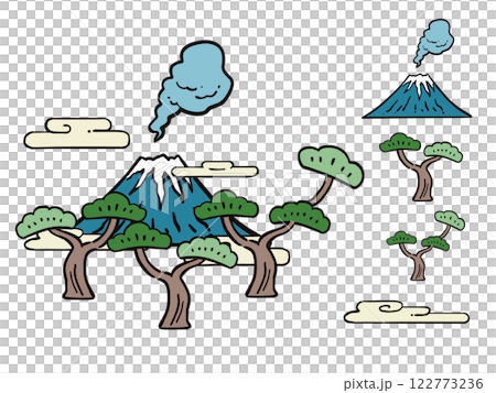 和風　富士山と松、雲のイラスト 122773236