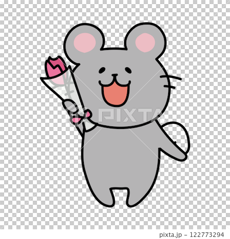 一輪の花を持っているネズミ 122773294