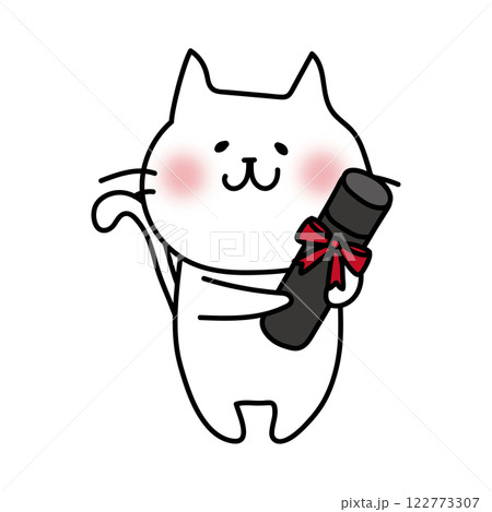 卒業証書を持っている白い猫 122773307