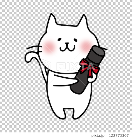 White cat holding a diploma 122773307