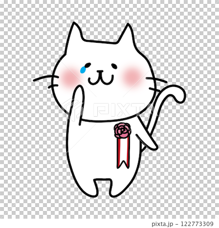 Crying white cat with a corsage on its chest 122773309
