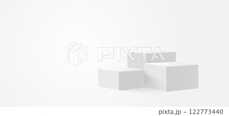 Three white square blank podiums stand to show products with copyspace background, Vector illustration. 122773440