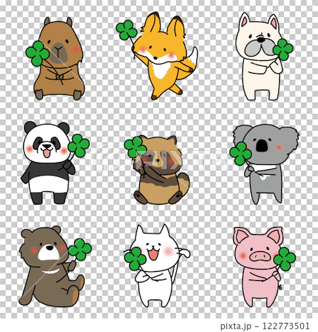 四つ葉のクローバーを持っている動物セット 122773501