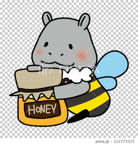 大きな蜂蜜を持っているミツバチの格好をしたカバ 122773525