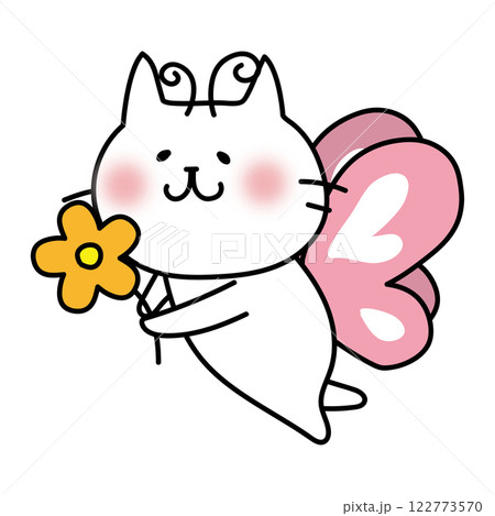 蝶々の格好をしてお花を運んでいる白い猫 122773570