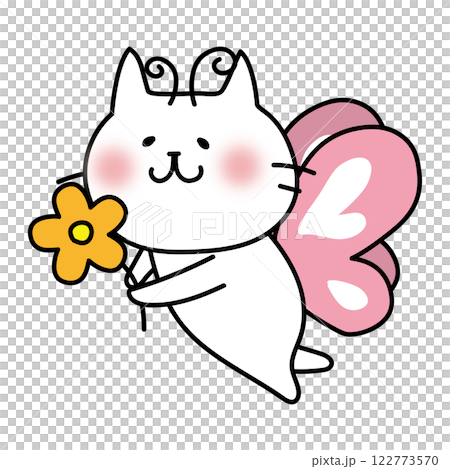 蝶々の格好をしてお花を運んでいる白い猫 122773570