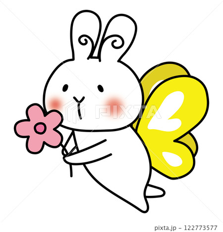蝶々の格好をしてお花を運んでいる白いうさぎ 蝶々の格好をしてお花を運んでいる白いうさぎ 122773577