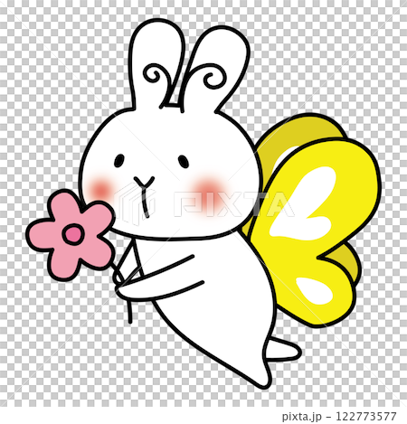 蝶々の格好をしてお花を運んでいる白いうさぎ 蝶々の格好をしてお花を運んでいる白いうさぎ 122773577