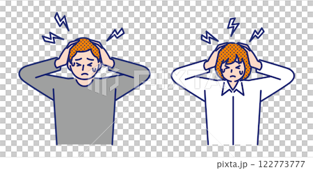 Illustration of a man and woman holding their heads with a headache Illustration of a man and woman holding their heads with a headache 122773777