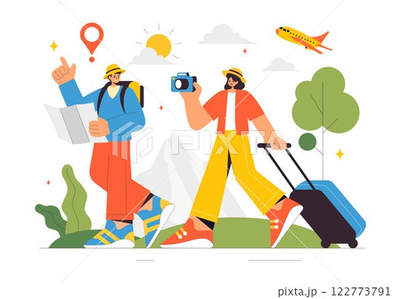 Travel Vector Illustration featuring Backpacking, Luggage, Maps, and Photo Cameras for Adventure, Tourism, and Exploration in a Flat Background Travel Vector Illustration featuring Backpacking, Luggage, Maps, and Photo Cameras for Adventure, Tourism, and Exploration in a Flat Background 122773791
