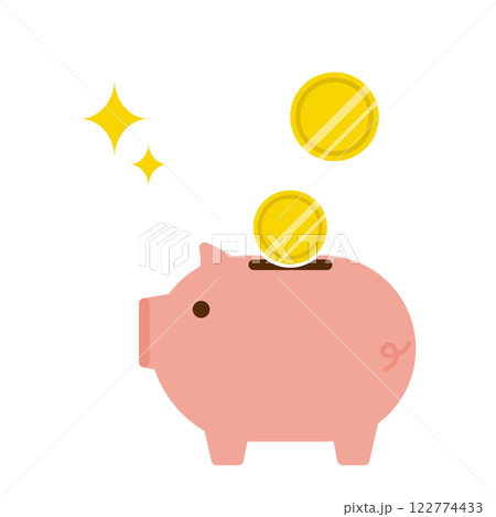 ブタの貯金箱とコイン　シンプルなイラスト素材 122774433