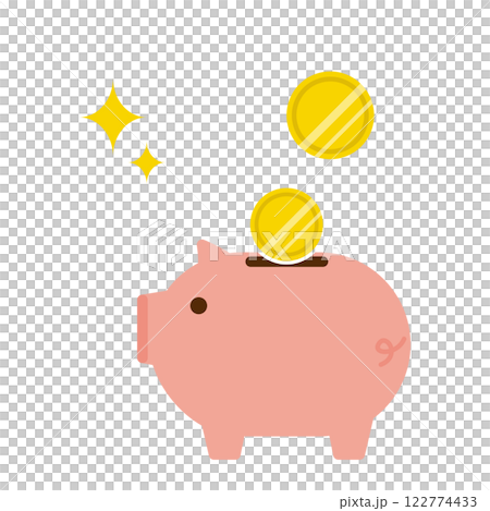 ブタの貯金箱とコイン　シンプルなイラスト素材 122774433