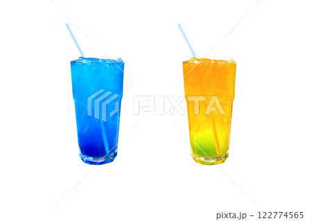 Blue Hawaii and orange juice cocktail with ice on white background Blue Hawaii and orange juice cocktail with ice on white background 122774565