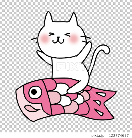 一隻白貓跨在鯉魚旗上 122774657