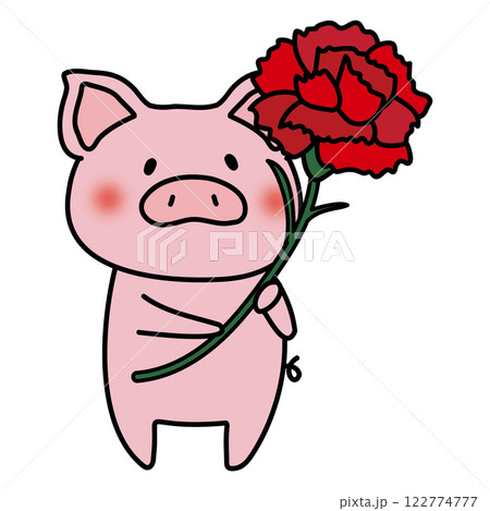 大きなカーネーションを持っているぶた 122774777