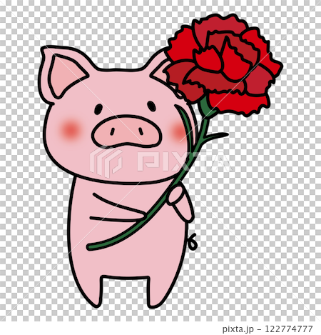 大きなカーネーションを持っているぶた 122774777