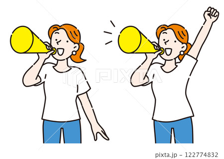 メガホンを持って応援する若い女性のセット 122774832
