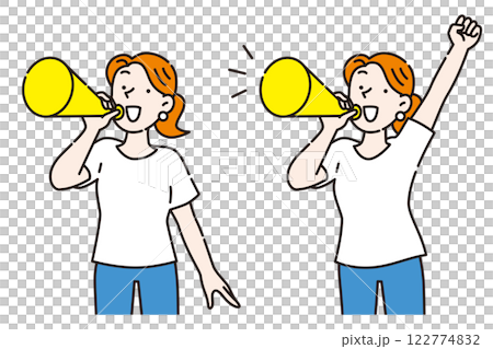 メガホンを持って応援する若い女性のセット 122774832