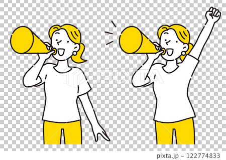 Set of young women cheering with megaphone 122774833