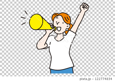 メガホンを持って応援する若い女性 メガホンを持って応援する若い女性 122774834