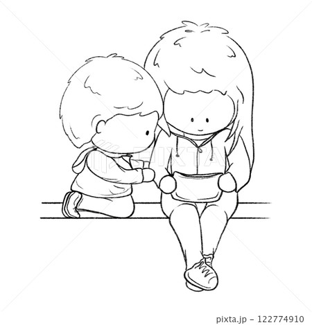 Two kids playing portable video game cartoon outline doodle illustration, kids watching video on bench isolated 122774910