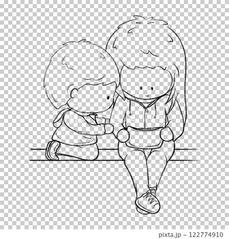 Two kids playing portable video game cartoon outline doodle illustration, kids watching video on bench isolated 122774910