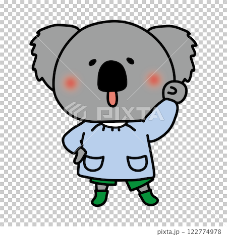 ガッツポーズをしているスモックを着たコアラ 122774978