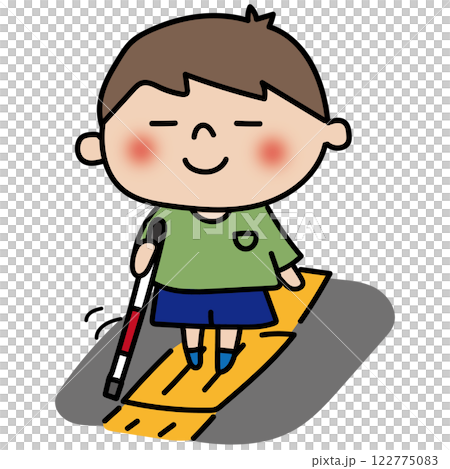 A boy with a white cane walking on braille blocks 122775083