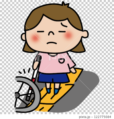A child (girl) with a white cane is unable to pass due to a bicycle blocking her path. 122775084