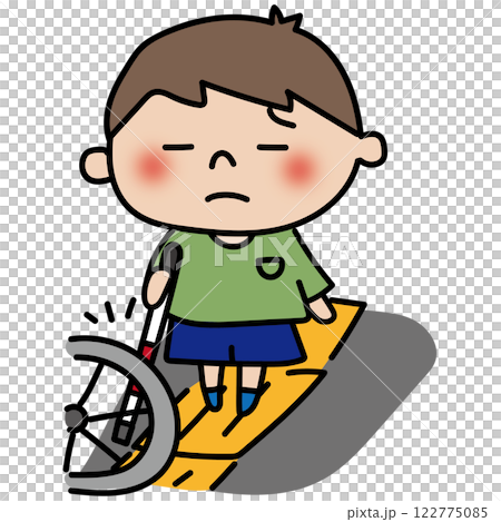 歩行の邪魔をする自転車があって通れない白杖を持った子供（男の子） 122775085