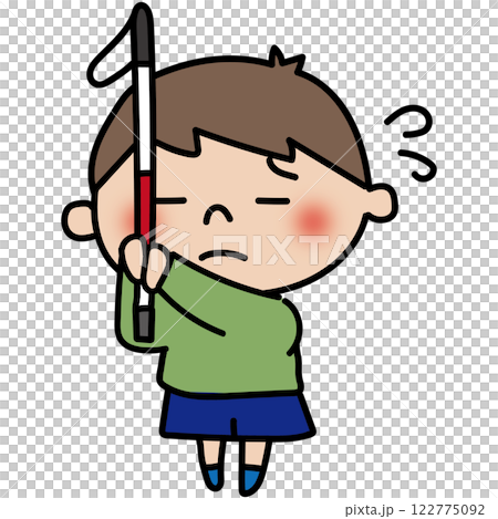 A boy with a white cane making an SOS sign 122775092