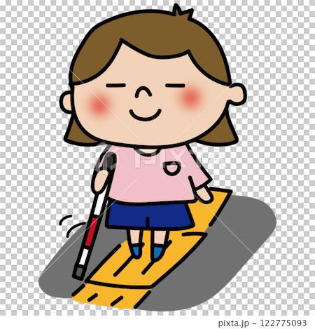 A child (girl) with a white cane walking on braille blocks A child (girl) with a white cane walking on braille blocks 122775093