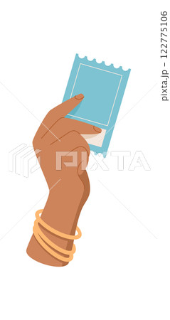Hand holding ticket icon. Gesture of ticket exchange. Flat graphic style, visual concept, suitable for use in travel, event management, or any service related to ticketing. 122775106
