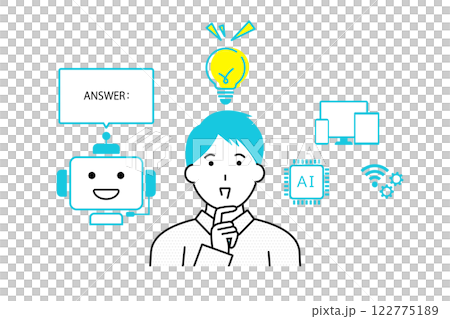 Illustration of a young man using conversational AI to come up with ideas 122775189
