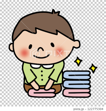 洗濯物をたたむお手伝いをする子供（男の子） 122775304