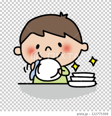 一個男孩幫忙擦盤子 一個男孩幫忙擦盤子 122775309