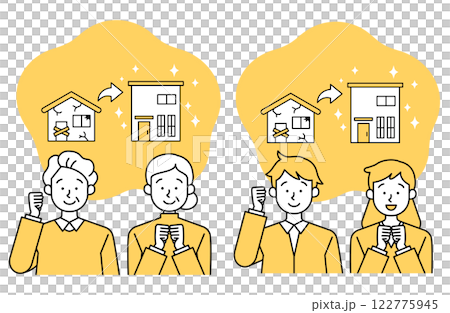 一對夫婦成功重建、翻新和翻新父母房屋問題的向量插圖集。 122775945