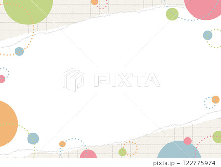 破れた方眼用紙と円形オブジェクトのフレーム、ポップなデザイン 122775974