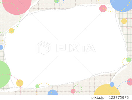破れた方眼用紙と円形オブジェクトのフレーム、ポップなデザイン 122775976