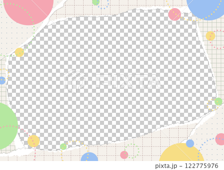 破れた方眼用紙と円形オブジェクトのフレーム、ポップなデザイン 122775976