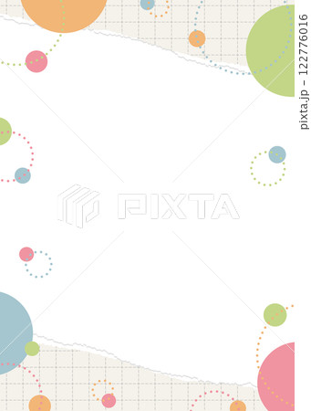 破れた方眼用紙と円形オブジェクトのフレーム、ポップなデザイン、縦向き 122776016